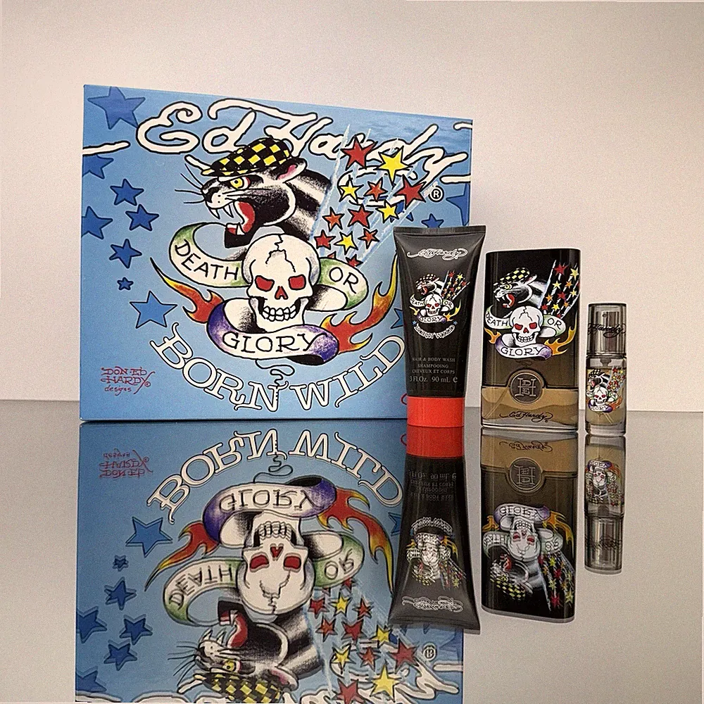 Ed Hardy BORN WILD 3pc Men Set 1.7oz EDT Spr + 3oz B/Wash + 7.5ml (MINI) Spr