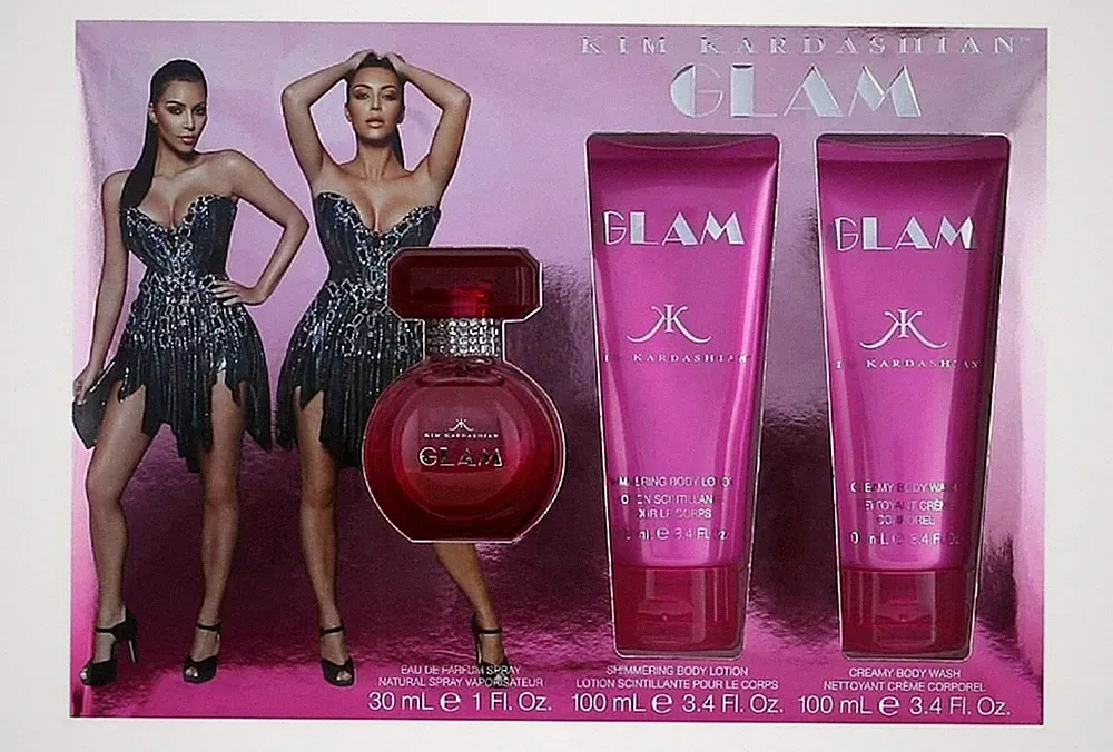 Glam perfume by Kim Kardashian 3 PC Gift Set-1.0 oz EDP + 3.4 B/LotIon+3.4 SGel